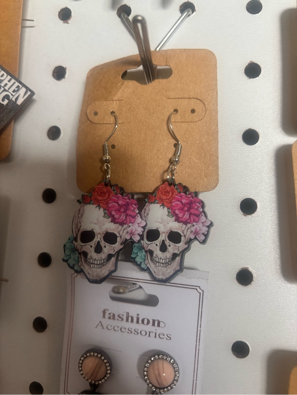 Skull & Floral Dangle Earrings - Pink Floral